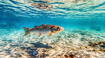 Poster - Sunlight filtering through water illuminates a fish swimming gracefully above a sandy seabed, creating a tranquil underwater scene evoking summer holidays and serene marine beauty