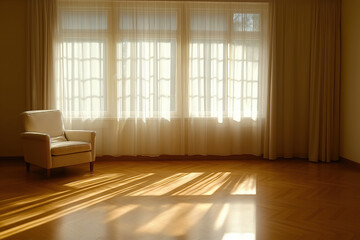Poster - Soft afternoon light floods a minimalist room with large windows and a single chair