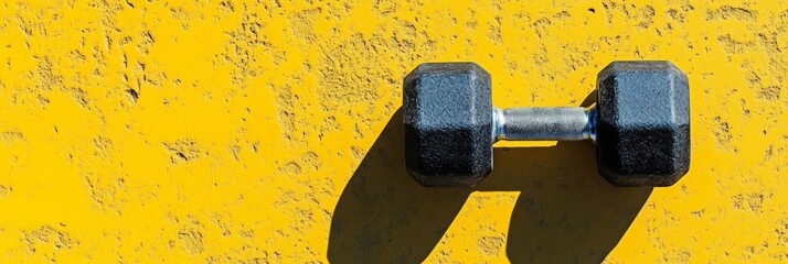Aufkleber - Black dumbbell on a vibrant yellow surface with a shadow, highlighting fitness and strength training