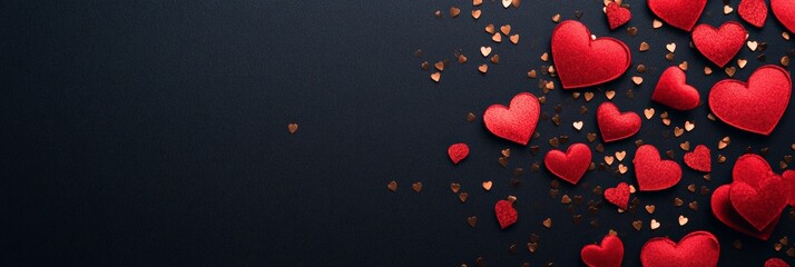Poster - Arranging small red hearts and golden confetti on a dark background creates a romantic ambiance ideal for valentine's day, weddings, or anniversaries