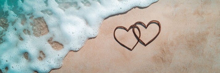 Poster - Two interlaced wooden hearts lie on a sandy beach, gently kissed by the soft foam of incoming waves, creating a romantic scene perfect for valentine's day or a seaside wedding