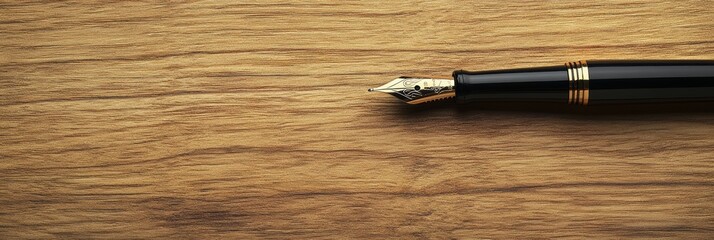 Aufkleber - Elegant black and gold fountain pen is lying on a wooden desk, creating a sophisticated image suitable for finance, investment, home buying, and mortgage concepts