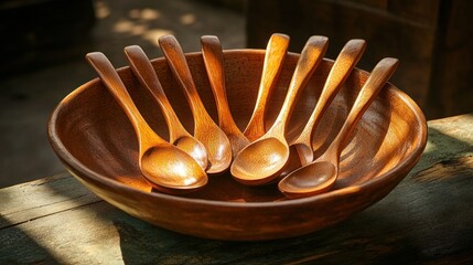 Wall Mural - Wooden spoons in bowl, sunlit rustic shop