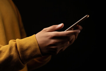 Poster - Person interacts with smartphone in dark setting while wearing a yellow sweater