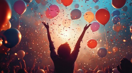 Wall Mural - Person celebrating with balloons and confetti. (1)