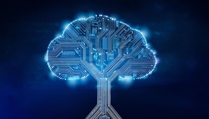 Poster - A digital tree design made of circuits, symbolizing the integration of technology and nature in a futuristic context.