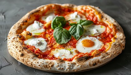 Sticker - A delicious pizza topped with mozzarella, tomato sauce, fried eggs, and basil leaves.