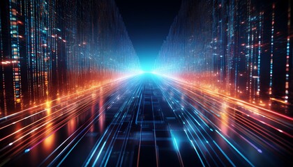 Poster - A futuristic digital landscape with vibrant blue and orange lights creating a sense of depth and motion, suggesting high-speed data transmission.