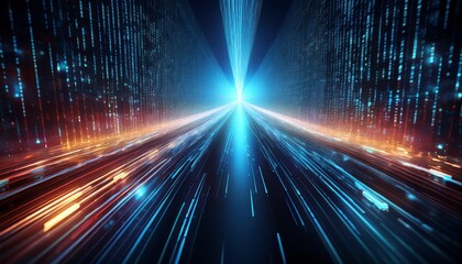 Poster - A vibrant digital tunnel of light and data streams, showcasing a futuristic perspective with blue and orange hues.