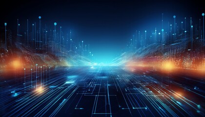 Poster - A futuristic digital landscape featuring glowing lines and data streams, creating a sense of depth and technological advancement.