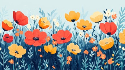 Wall Mural - Vibrant red and yellow poppies in a lush meadow.