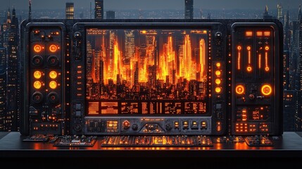 Poster - Futuristic Control Center Overlooking a Cyberpunk Cityscape with Neon Lights and Advanced Technology Elements in a Nighttime Setting