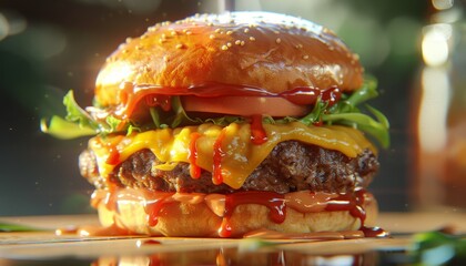 Canvas Print - A juicy cheeseburger with lettuce, tomato, ketchup, and melted cheese on a sesame seed bun.