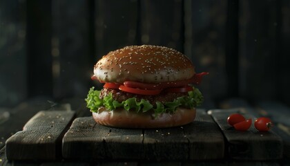 Sticker - A juicy burger with lettuce, tomato and a sesame seed bun sits on a rustic wooden surface.