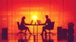 © Almahyra - Silhouetted businesspeople working late at office, sunset.