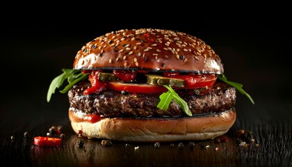 Sticker - Close-up of a juicy hamburger with sesame seed bun, tomato, pickle, ketchup, and arugula on a dark wooden surface.