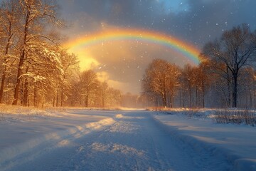 Poster - Snowy path, winter trees, rainbow, snowfall.