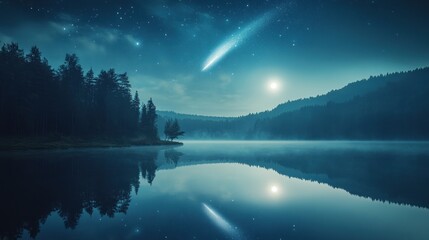 Wall Mural - Serene night landscape with comet and reflections.