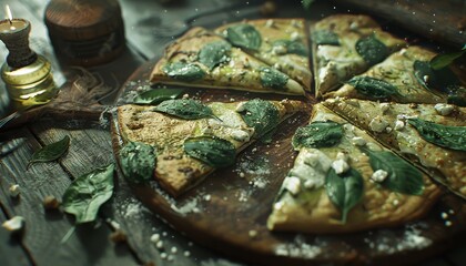 Canvas Print - A rustic wooden board holds a freshly baked pizza with spinach and feta cheese, cut into slices.