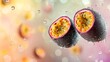 © leymart - Two halved passion fruits levitating, water droplets falling.