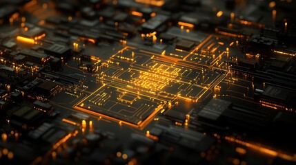Poster - Glowing orange circuitry on a dark microchip.