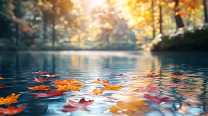 Poster - Autumn leaves floating on calm water in forest.