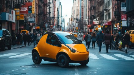 A compact hydrogen-powered microcar navigating a crowded urban street with agility and zero emissions