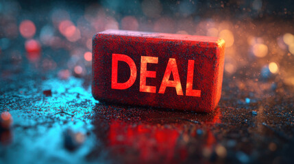Poster - Deal shopping concept. Bold red DEAL stamp on dynamic background with vibrant colors