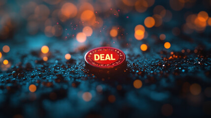 Poster - Deal shopping concept. Bold red DEAL stamp on dynamic background with glowing lights
