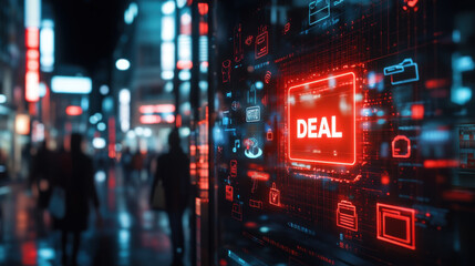 Poster - Deal shopping concept. Futuristic digital display showcasing vibrant DEAL sign in city