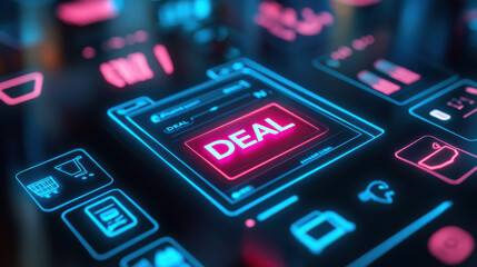 Poster - Deal shopping concept. Futuristic digital interface with prominent deal button glowing brightly