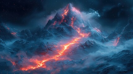 Wall Mural - Fiery lava flowing down a misty mountain.