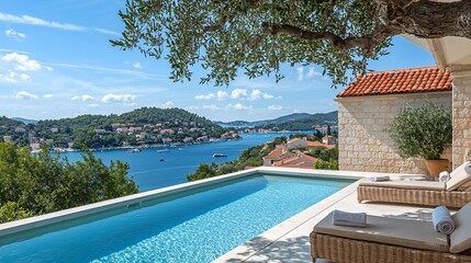 Canvas Print - Stunning infinity pool overlooking scenic bay.