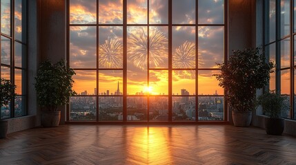 Sticker - Fireworks at sunset seen through large window.