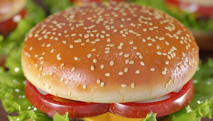 Sticker - Close up of a delicious hamburger with sesame seed bun, tomato, lettuce and cheese.