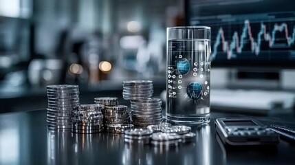 Fototapete - Economic windfall opportunity in market analysis financial data center infographic display business environment close-up view