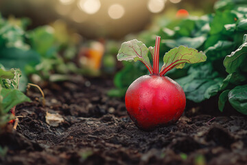 Freshly collected farmers natural red ripe beets on a garden ground