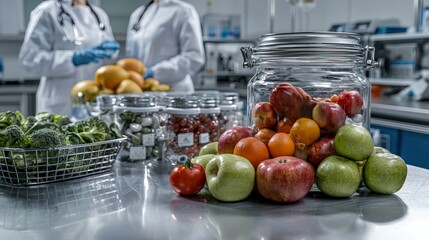 Poster - Health warning safety campaign promoting nutritious foods in laboratory setting with researchers and fresh produce