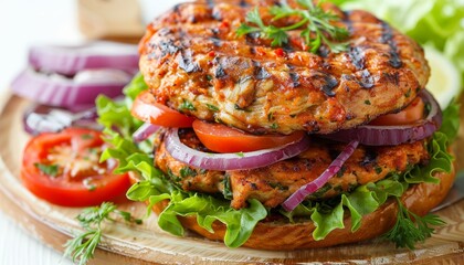 Sticker - Close-up of a juicy grilled salmon burger with lettuce, tomato, and red onion.