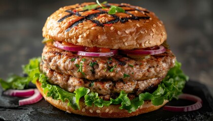 Sticker - Close-up of a delicious double patty burger with lettuce, red onion, pickles, and ketchup on a toasted sesame seed bun.