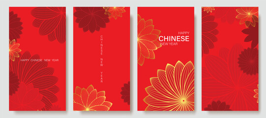 Chinese New Year 2025 hongbao red envelope design vector. Collection of Chinese festival with peony flower, pattern. Elegant oriental illustration for angpao, cover, calendar, ads.