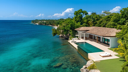 Aufkleber - A stunning seaside villa with a pool, surrounded by lush greenery and clear blue waters, perfect for relaxation and luxury living