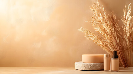 Poster - A serene, neutral-toned setup featuring natural elements, skincare products, and dried plants, creating a calming atmosphere