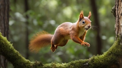 a nimble squirrel leaps between branches in a lush forest environment