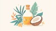© Sinechana - 69.A charming illustration of a coconut oil bottle with visible droplets, paired with a detailed cartoon half-coconut and tropical leaves, isolated on a white background.