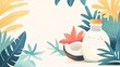 © Sinechana - 69.A charming illustration of a coconut oil bottle with visible droplets, paired with a detailed cartoon half-coconut and tropical leaves, isolated on a white background.