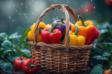 Wall Mural - basket with fresh peppers against the background of a vegetable garden