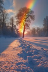 Poster - Winter sunset, snowy path, rainbow tree.