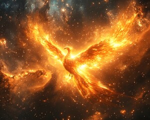 Wall Mural - fiery phoenix nebula vibrant cosmic rebirth in shimmering star clusters