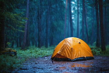 exploring resilient camping gear: yellow tent with waterproof features enduring a torrential rainsto